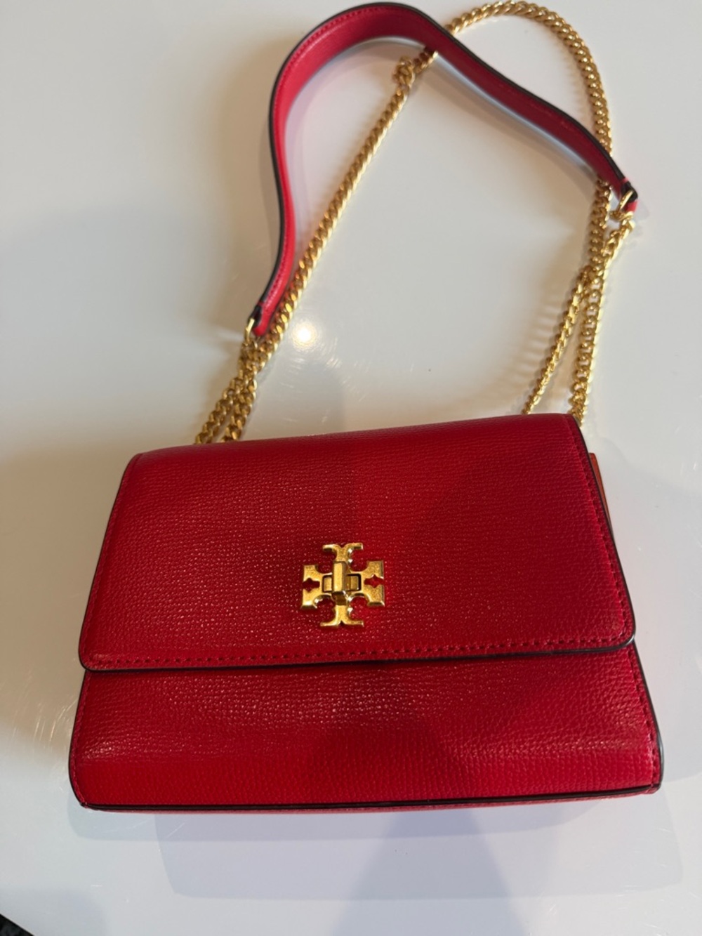 Tory Burch Red Leather Chain Strap Crossbody with Gold Logo